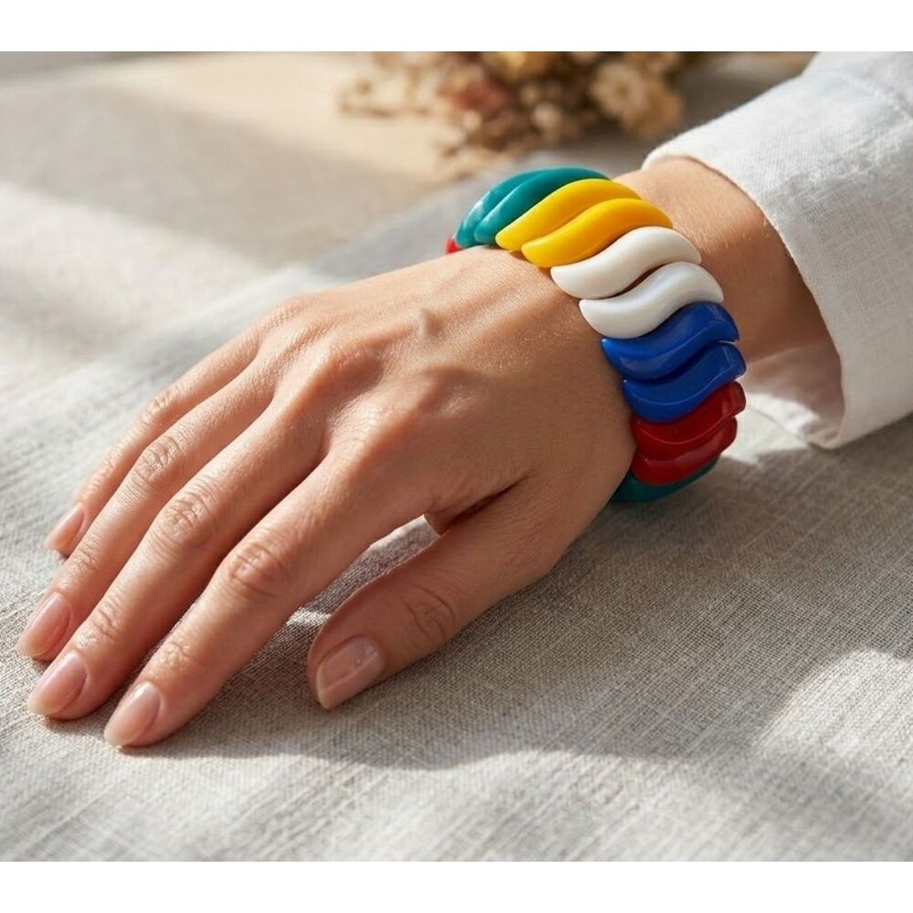 Vintage Color Block Cuff Bracelet Wave Acrylic Segmented Chunky Stretch